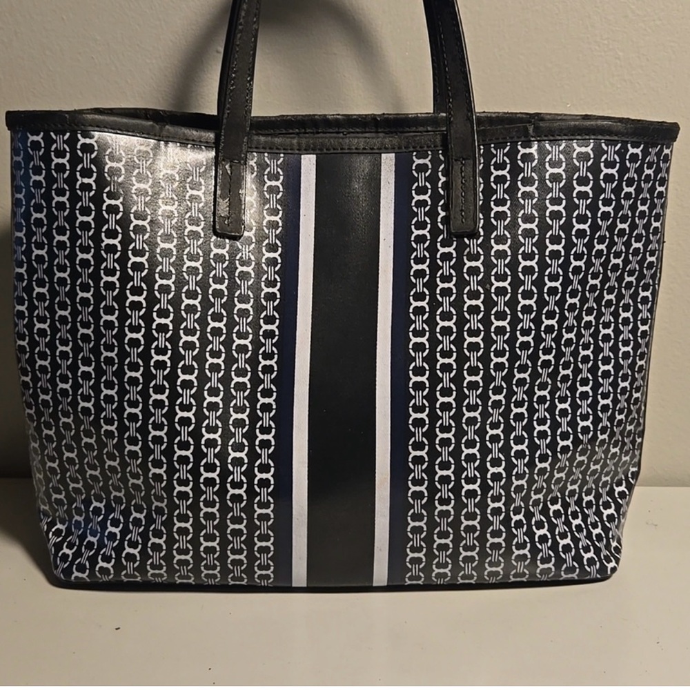 Tory Burch Gemini Link Canvas Tote – Black/Navy Stripe